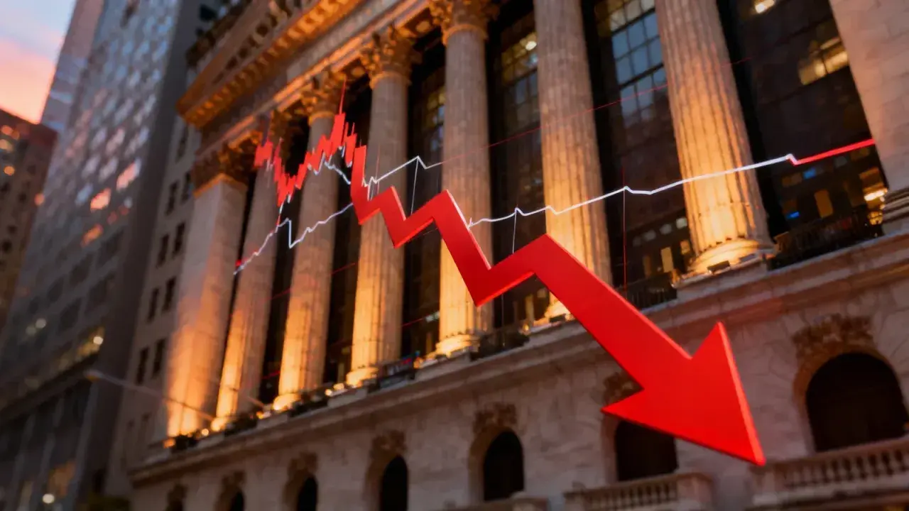 Roter Pfeil zeigt fallende Kurse vor einem Bankgebäude. Der **core MSCI World USD Acc** Index verzeichnet deutliche Verluste.