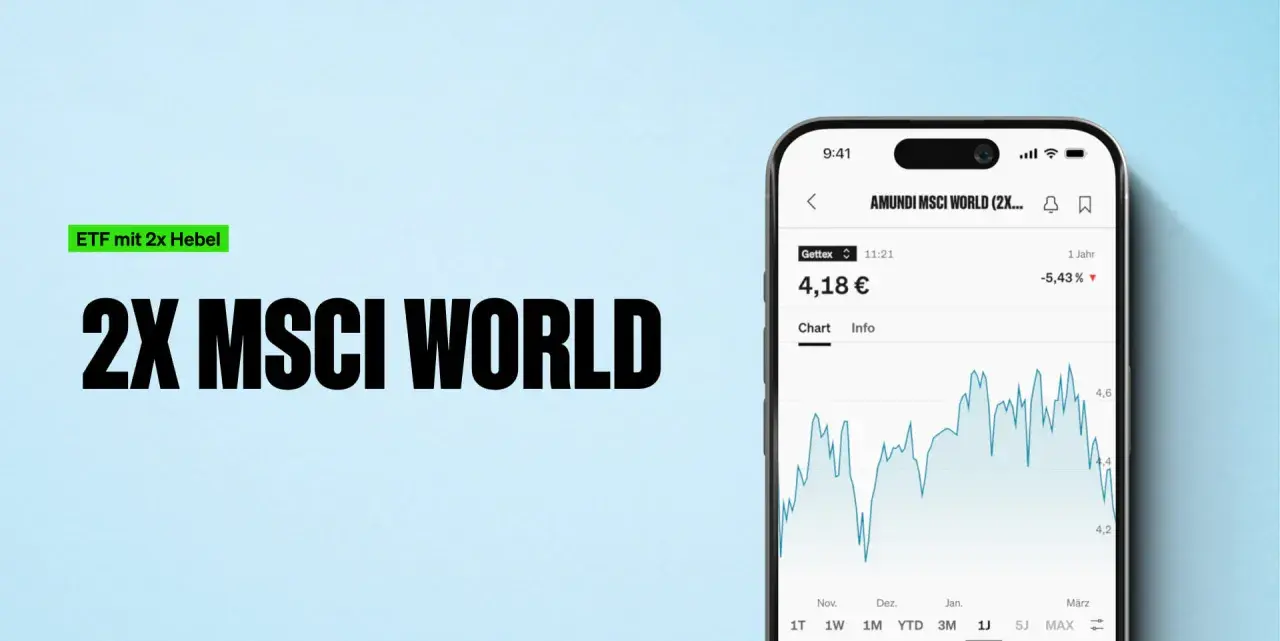 Der heilige Amundi MSCI World ETF mit 2x Hebel wird auf einem Smartphone-Display angezeigt, mit einem Chart, der die Wertentwicklung zeigt.