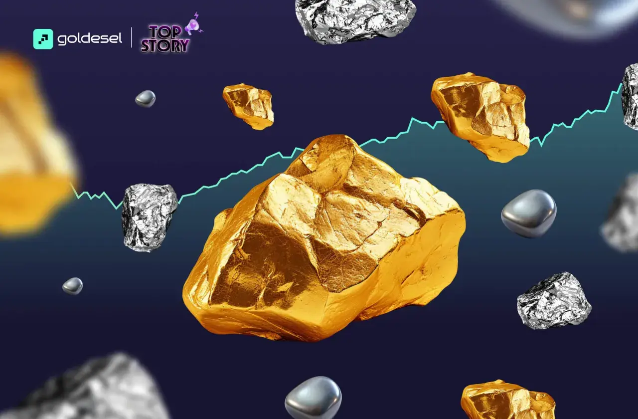 Gold- und Silberbrocken schweben vor einem Chart, das die Volatilität von Aktien seltener Erden symbolisiert.