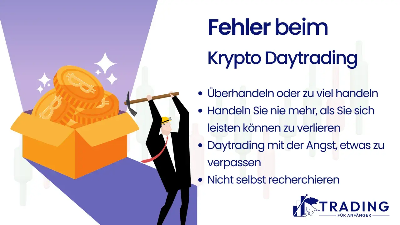 Ein Mann mit Spitzhacke vor einer Kiste voller Bitcoin-Münzen. Die Grafik warnt vor Fehlern beim Krypto-Daytrading, basierend auf negativen Daytrading-Erfahrungen.