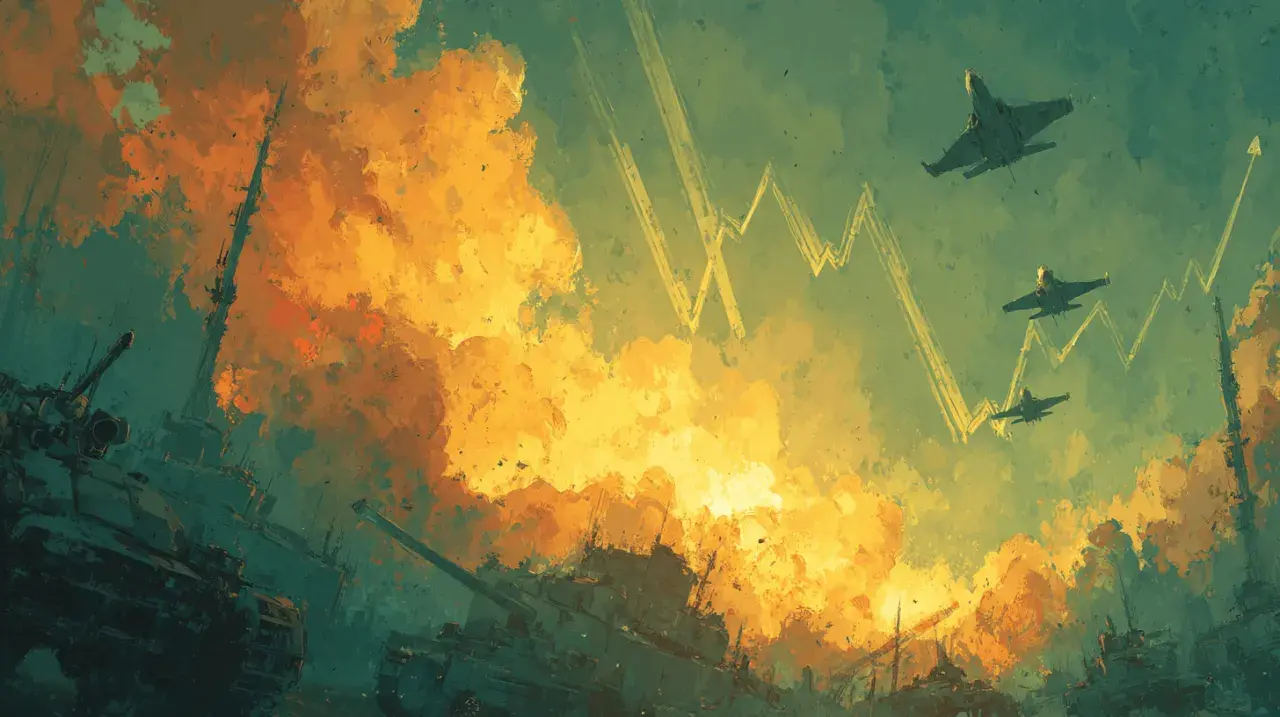 Panzer und Kampfjets über einer explosiven Wolkenlandschaft, die an steigende munitionshersteller aktien erinnert.
