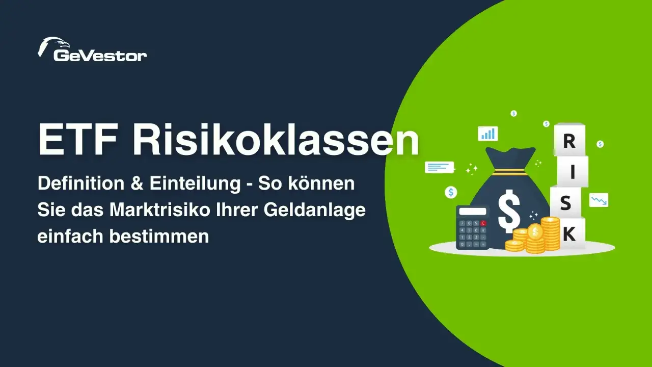 Grafik zeigt eine Geldtasche, Münzen, Taschenrechner und Würfel mit der Aufschrift "RISK". Sie erklärt ETF-Risikoklassen und wie man das Marktrisiko bestimmt.