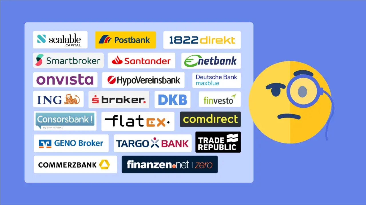 Logos deutscher Banken und Broker, die f&uuml;r eine Depotanalyse relevant sind. Ein nachdenkliches Emoji mit Monokel.