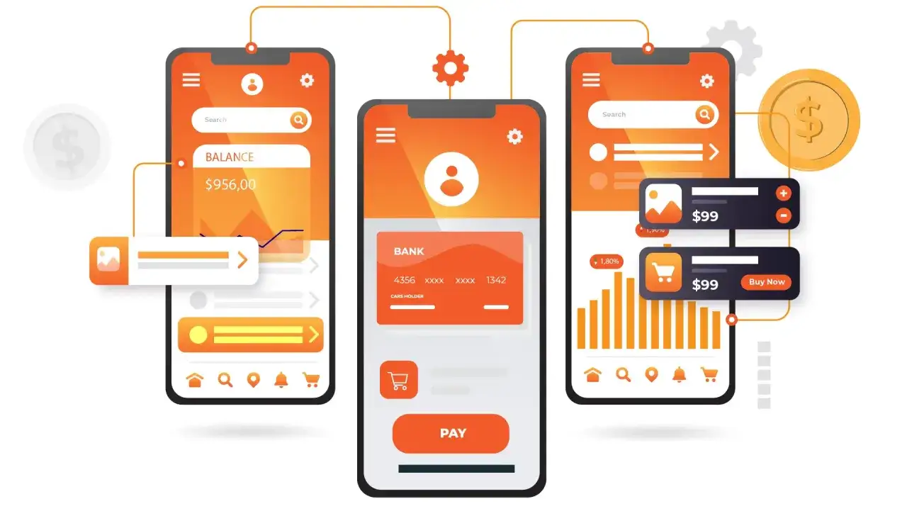 Finanz-Apps mit vielen Funktionen, aber auch finanzguru negative erfahrungen. Illustration von drei Smartphones mit Finanz- und Shopping-Apps.