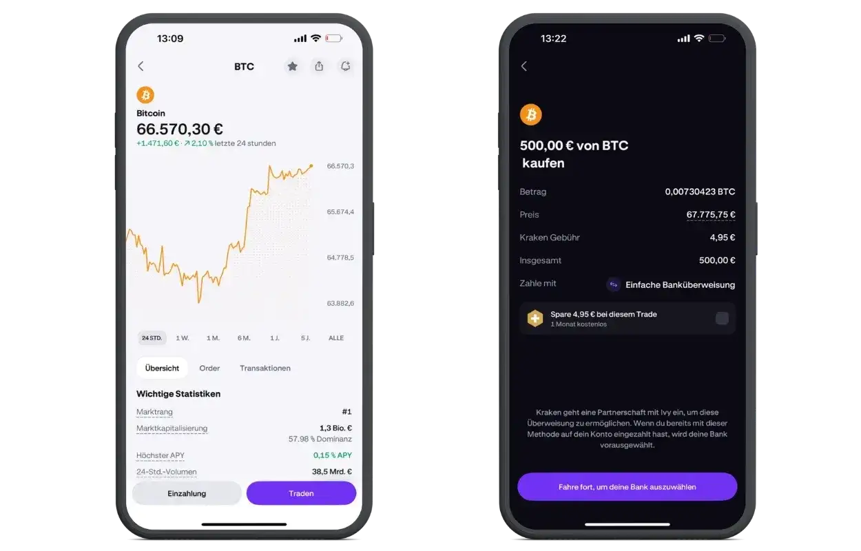 Zwei Handy-Screens zeigen die Kraken-App. Links der Bitcoin-Kurs, rechts der Kauf von 500&euro; BTC. Eine gute Kraken-Erfahrung.
