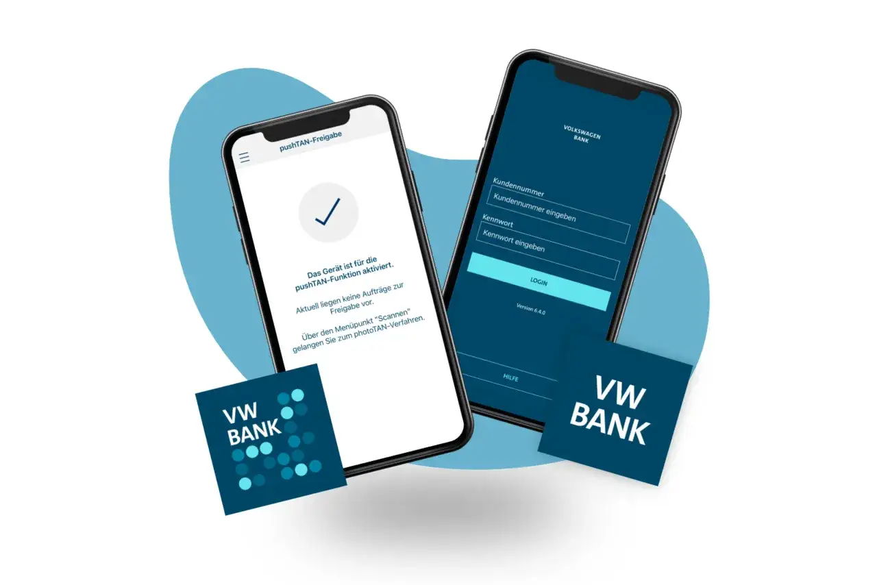 Zwei Smartphones zeigen die VW Bank App. Eines mit pushTAN-Freigabe, das andere mit Login-Maske. Gute Volkswagen Bank Erfahrungen sind so leicht zug&auml;nglich.