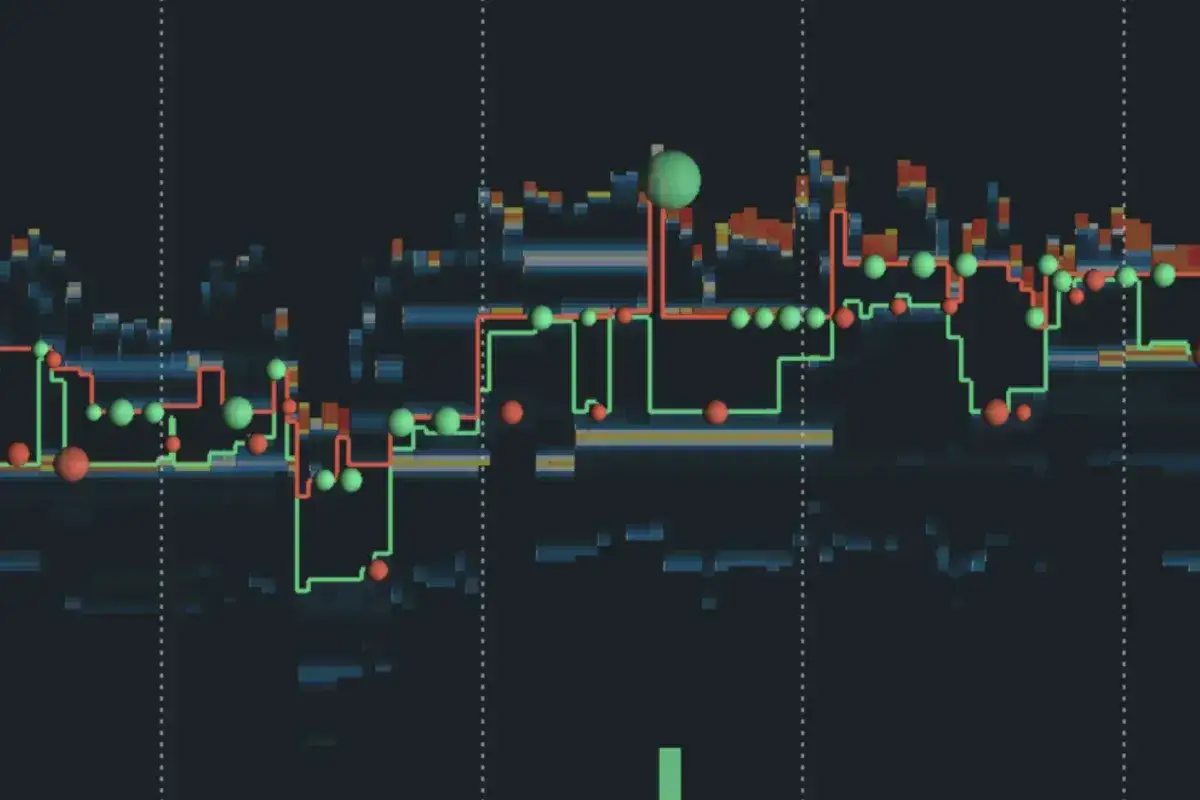 Bunte Linien und Kugeln auf einem dunklen Hintergrund, die den Kursverlauf eines Traders darstellen.