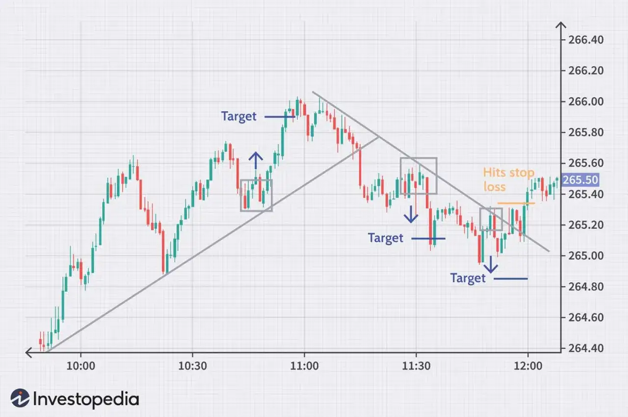 Ein Chart zeigt den Kursverlauf einer Aktie. Ein day trader beobachtet die Kursziele und den Stop-Loss.