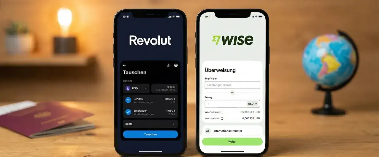 Zwei Smartphones zeigen die Apps von Revolut und der wise bank. Ein Reisepass und ein Globus deuten auf internationale Transaktionen hin.