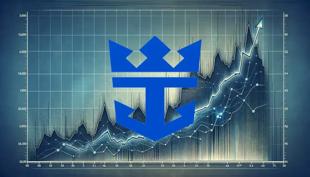 Blaues Anker-Symbol vor einem aufsteigenden Aktienchart. Ein starker Aufw&auml;rtstrend deutet auf positive Entwicklungen bei Kreuzfahrt-Aktien hin.