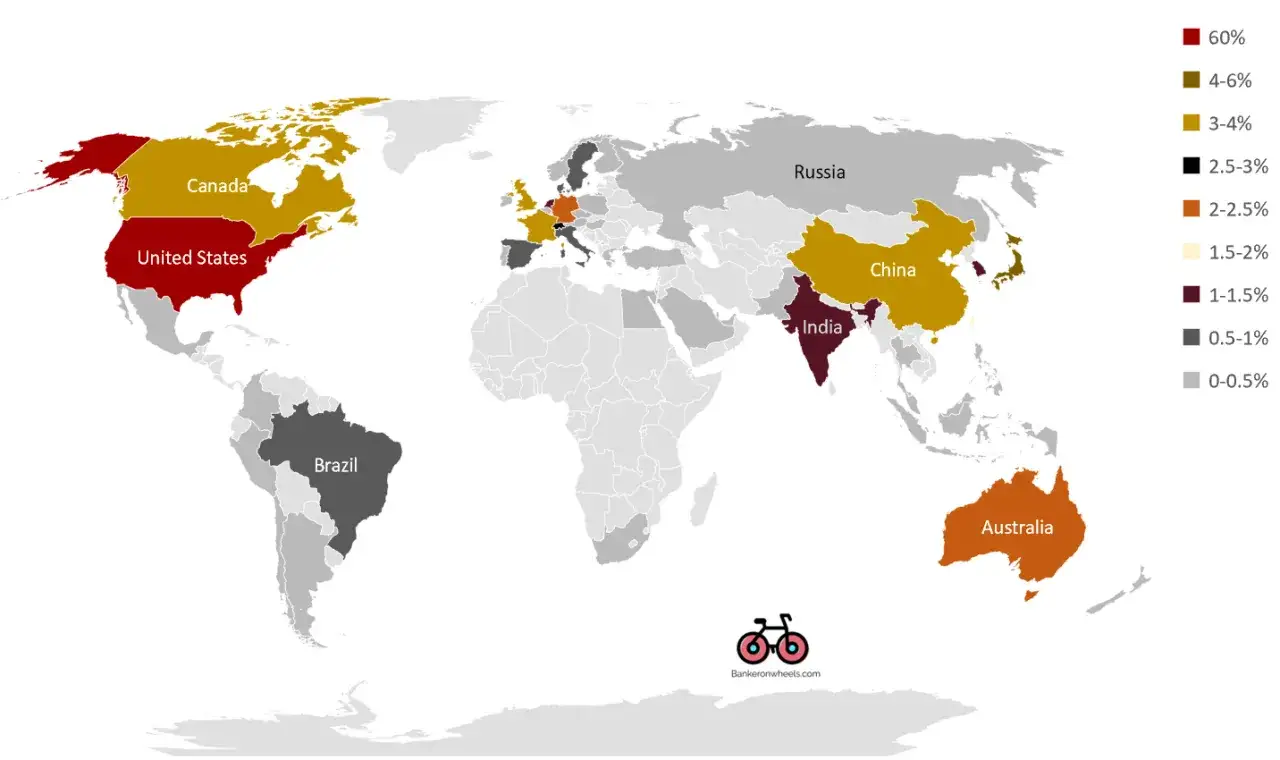 Weltkarte zeigt die Verteilung von SPDR MSCI ACWI. USA und Kanada sind rot/gold, China und Indien dunkelrot/gold.