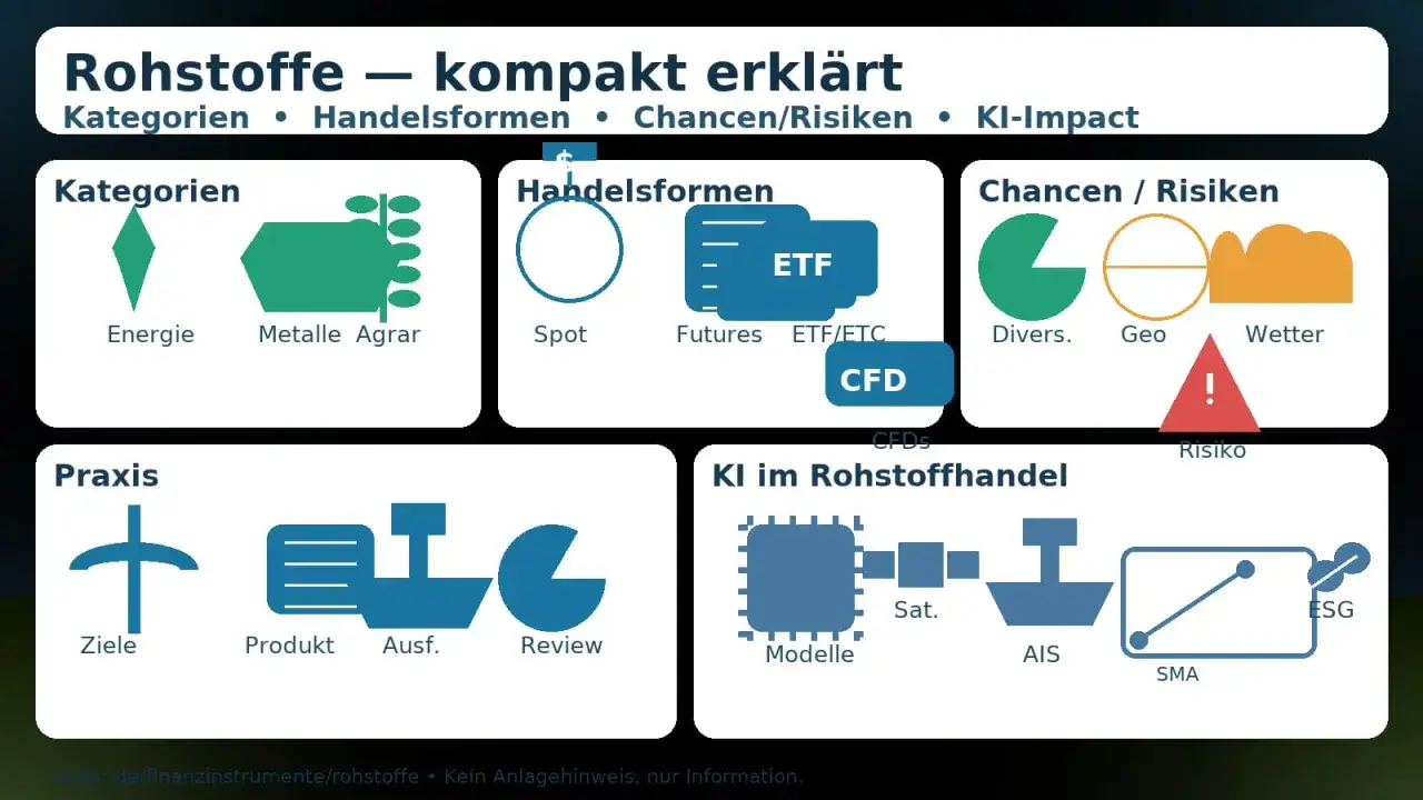 Rohstoffkategorien: Energie, Metalle, Agrar. Handel mit Agrar-ETFs, Futures, CFDs. Chancen/Risiken: Divers, Geo, Wetter. Praxis: Ziele, Produkt, Ausf., Review. KI im Rohstoffhandel.