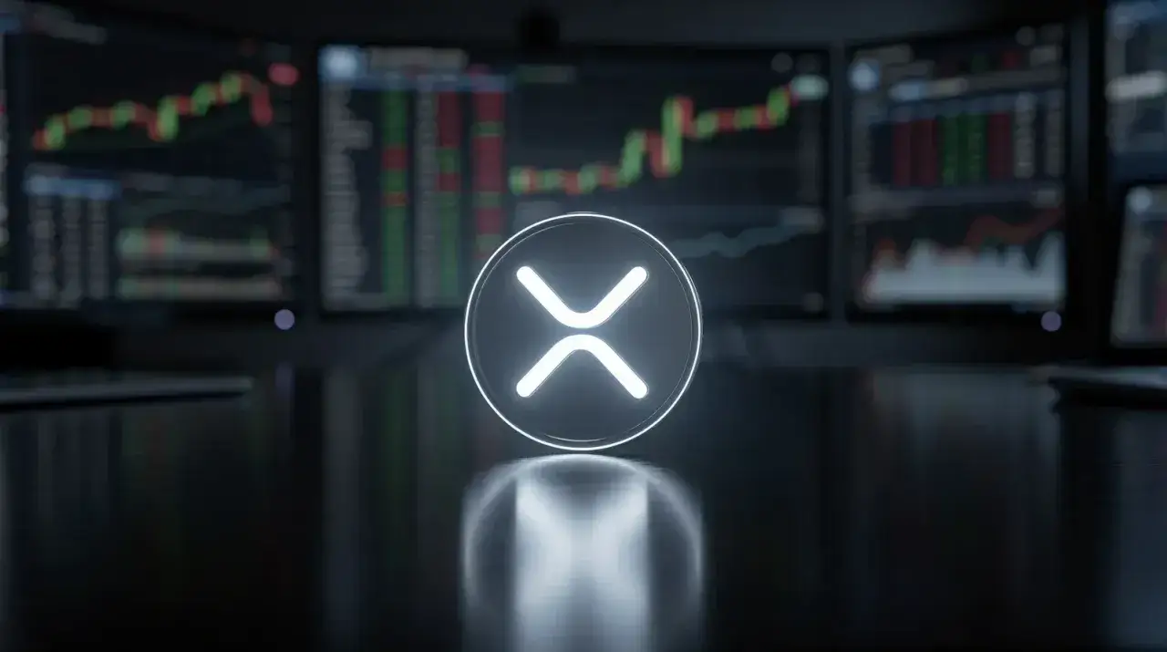 Das XRP-Logo leuchtet vor mehreren Monitoren mit B&ouml;rsencharts. Ein XRP ETF k&ouml;nnte bald Realit&auml;t werden.