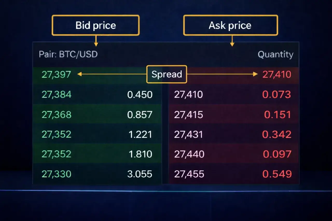 BTC/USD Orderbuch: Bid- und Ask-Preise mit Mengen. Ein Limit Order Beispiel zeigt, wie man zu einem bestimmten Preis kauft oder verkauft.