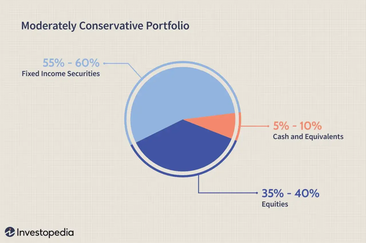 Ein Tortendiagramm zeigt eine moderate ETF-Strategie: 55-60% festverzinsliche Wertpapiere, 35-40% Aktien, 5-10% liquide Mittel.
